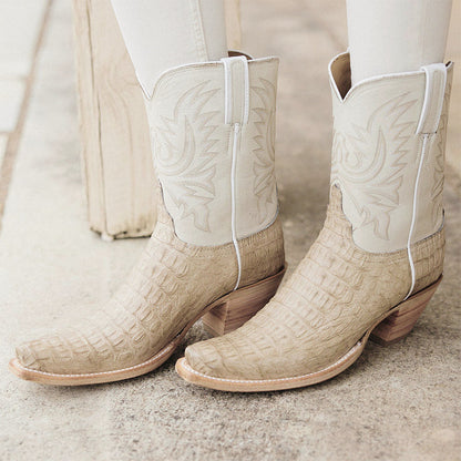 Beige Croco Embossed Pointed Toe Mid-Calf Embroidered Chunky Boots