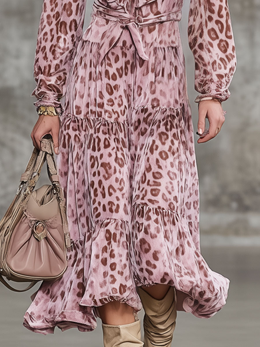 Fashion Retro Pink Velvet Leopard Print Ruffled Smocked Midi Dress