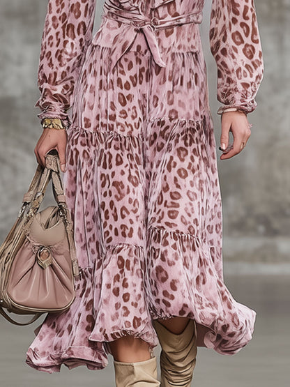 Fashion Retro Pink Velvet Leopard Print Ruffled Smocked Midi Dress