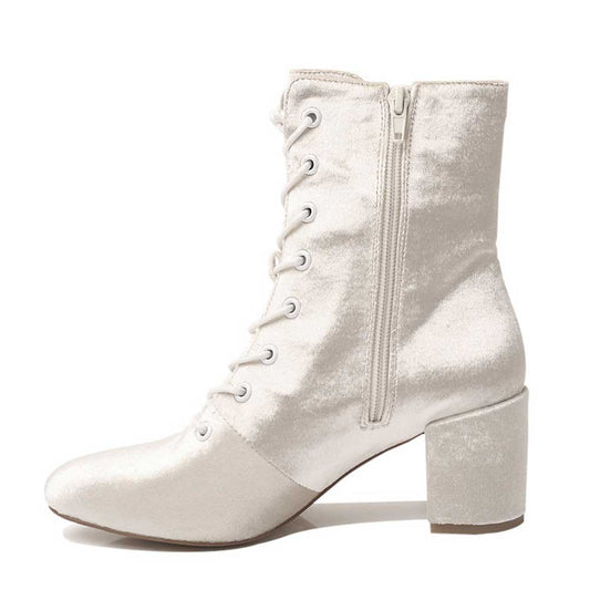 Elegant Ivory Velvet Bridal Shoes Lace Up Chunky Heel Ankle Boots