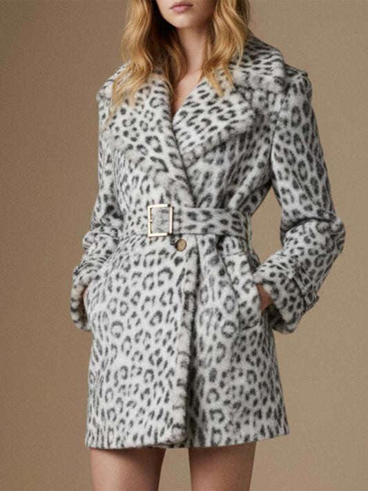 Fashion Retro Light Gray Leopard Print Plush Coat