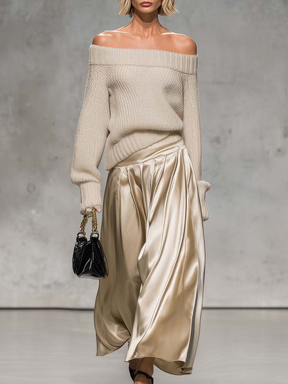 Elegant Beige Off-the-shoulder Knitted Long-sleeved Top And Pleated Satin Wide-leg Pants Set