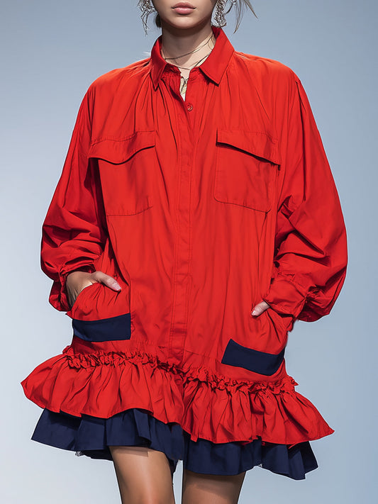 Fashionable Multi-pocket Red Ruffled Shirt Mini Dress