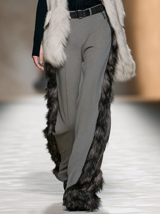 Fashionable Luxe Faux Fur Trim Gray Plaid Pants