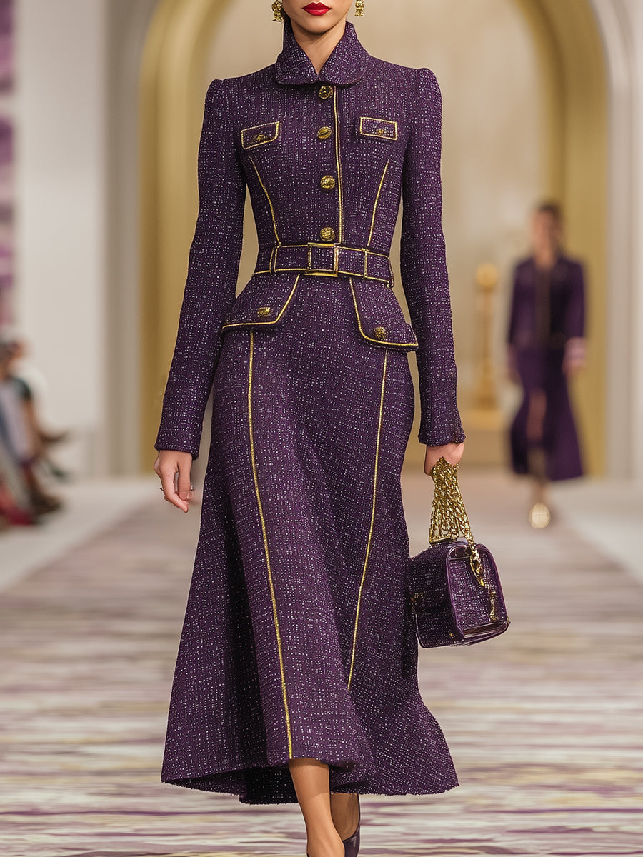 Elegant Purple Tweed And Gold Maxi Dress