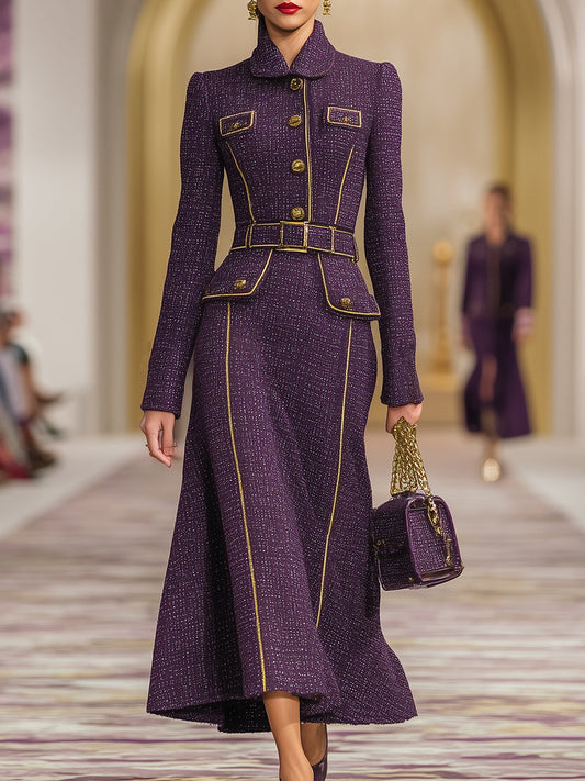 Elegant Purple Tweed And Gold Maxi Dress