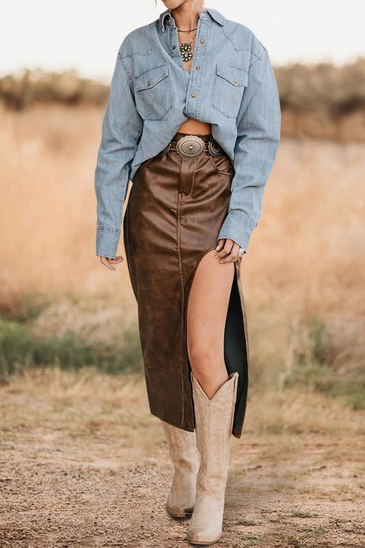 Vintage High Waist Slit Faux Leather Skirt