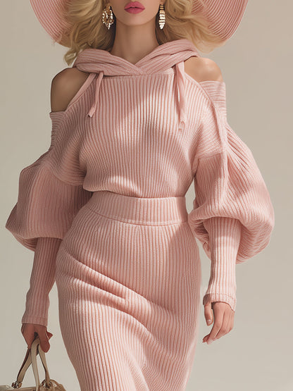 Elegant And Sexy Off-the-shoulder Hooded Hip-hugging Pink Knitted Set