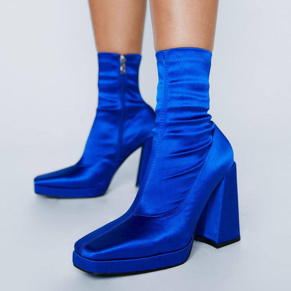 Elegant Blue Satin Square Toe Chunky Heel Sock Booties with Platform