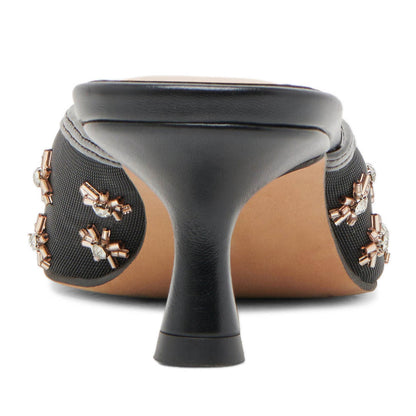 Elegant Black Pointed Toe Mule Kitten Heels with Rhinestoned Flowers