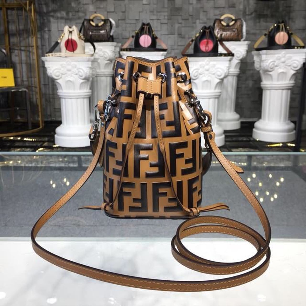 FI Mon Tresor Bucket Bag Brown/Black For Women, Handbags, Shoulder And Crossbody Bags 7in/18cm FF 8BS010A659F13VK