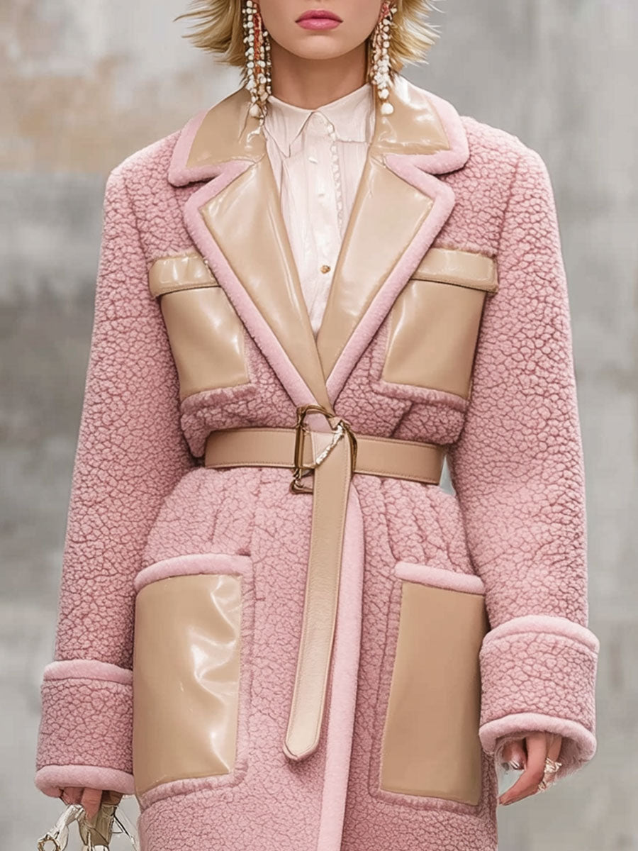 Fashion Retro Pink Lapel Polar Fleece Stitching Faux Leather Mid-Length Coat