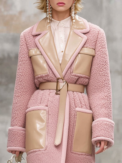 Fashion Retro Pink Lapel Polar Fleece Stitching Faux Leather Mid-Length Coat