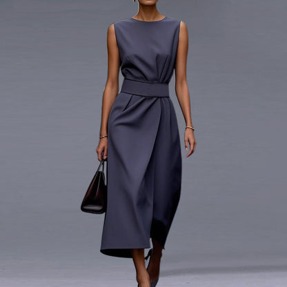 Formal Solid Round Neck Sleeveless Belt Midi Dress