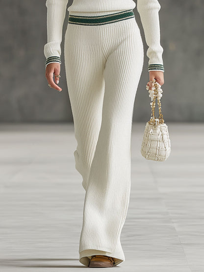 Fashion Retro Gold-Trimmed White Knitted Zipper Sweater Flared Pants Set