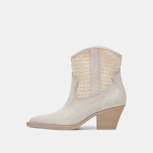 Beige Sand-Tone Pointed Toe Chunky Heel Cowgirl Booties