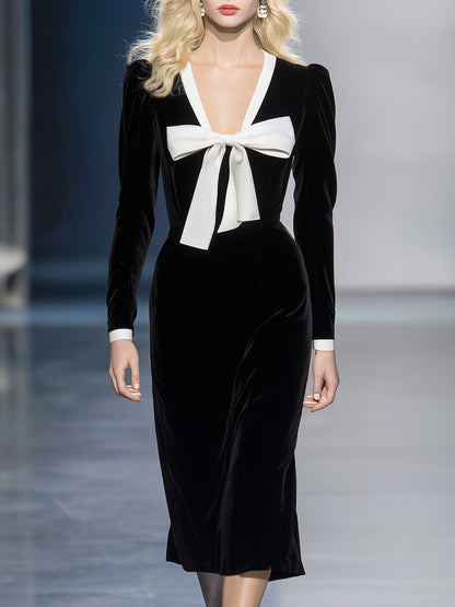 Elegant And Romantic V-neck Bow Black Velvet Midi Dress