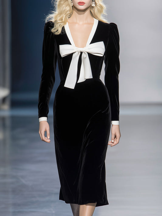 Elegant And Romantic V-neck Bow Black Velvet Midi Dress