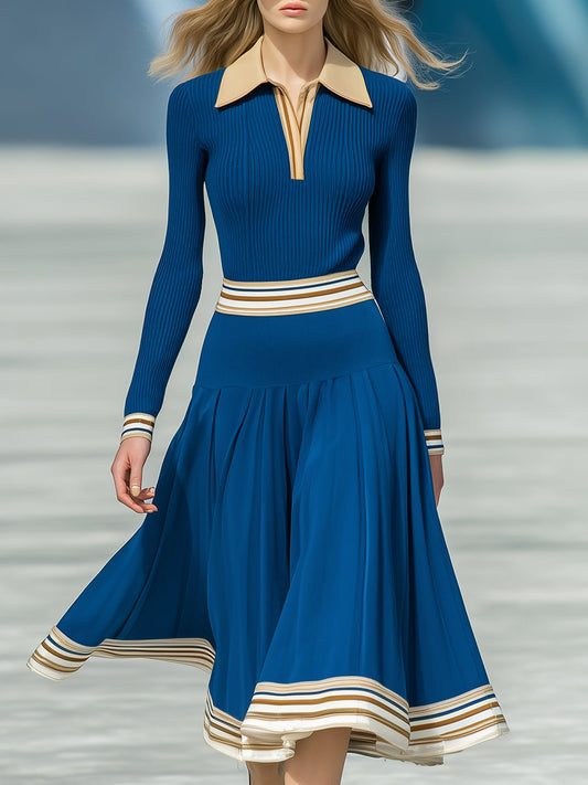 Fashion Retro Blue Knitted Polo Collar Top And Skirt Set
