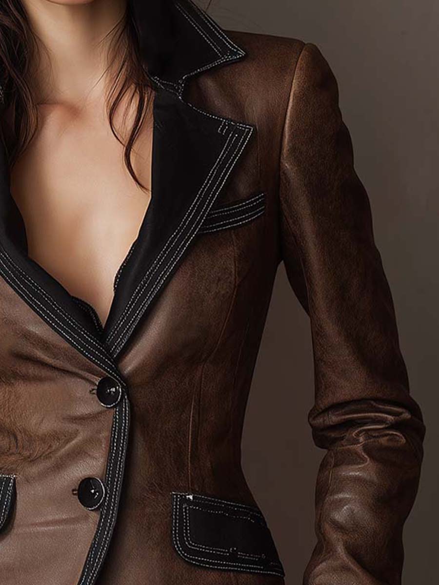 Eco-Leather Tailored Blazer With Contrast Trim