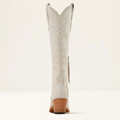 Embroidered Snip Toe Chunky Heel Zip Western Boots for Women in Ivory