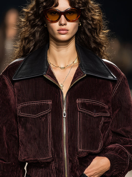 Faux Leather Square Neck Corduroy Pocket Zip-up Jacket