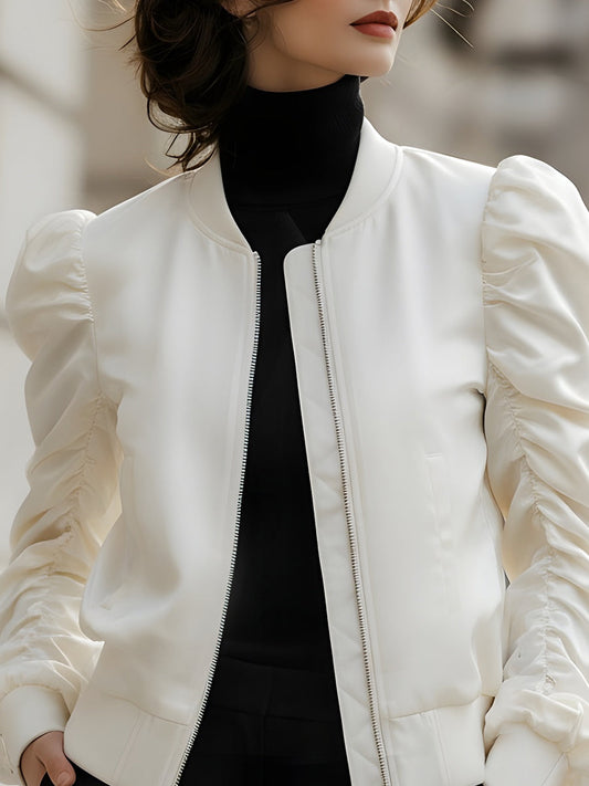 Elegant Puff-Sleeve Satin Bomber Jacket