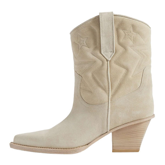 Beige Pointed Toe Chunky Heel Star Embroidered Cowgirl Boots