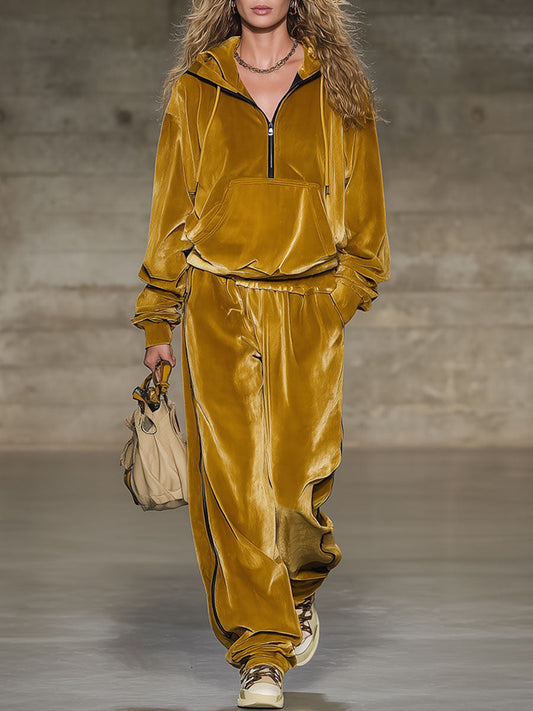 Fashion Retro Gold Velvet Hooded Sweatshirt Wide-Leg Pants Sports Set