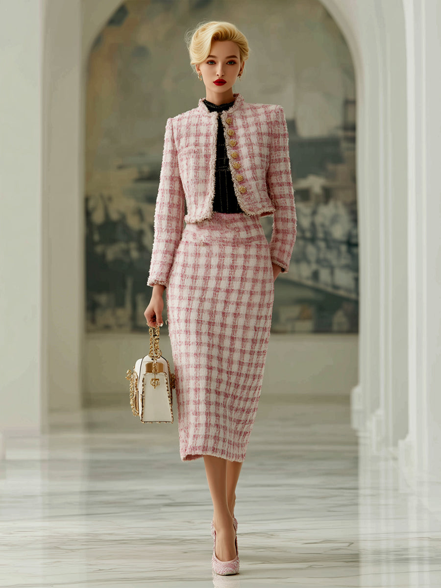 Exquisite And Gentle Pink Plaid Tweed Jacket And Skirt Set