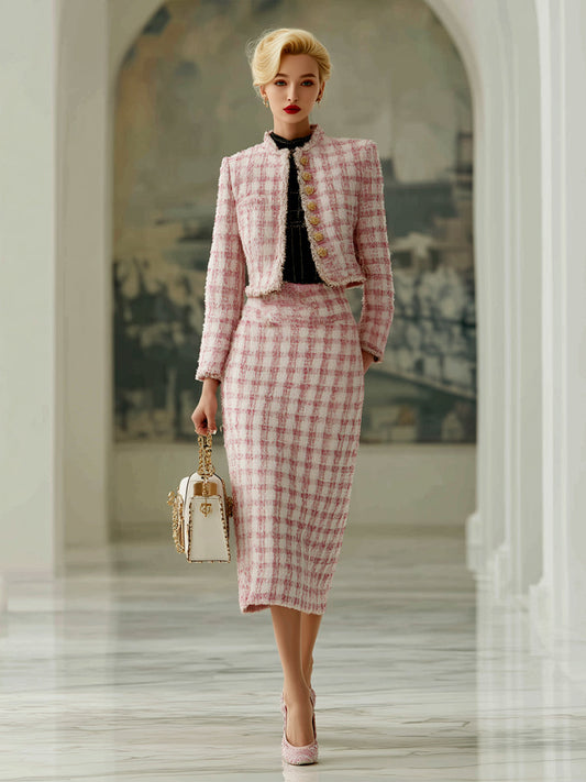 Exquisite And Gentle Pink Plaid Tweed Jacket And Skirt Set