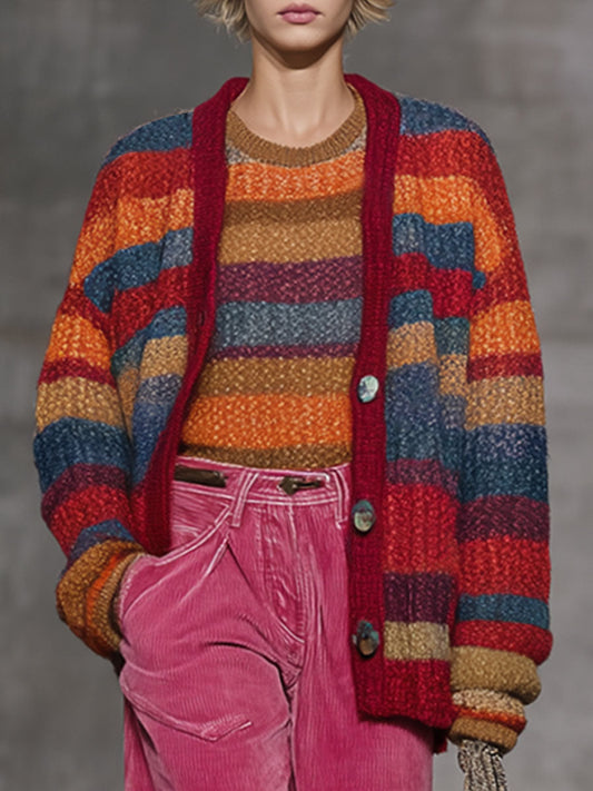 Fashion Retro Rainbow Striped Knitted Button Cardigan