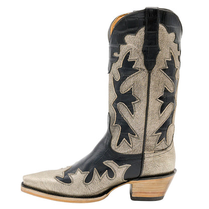 Gold & Black Block Heel Patchwork Snip Toe Western Boots for Women