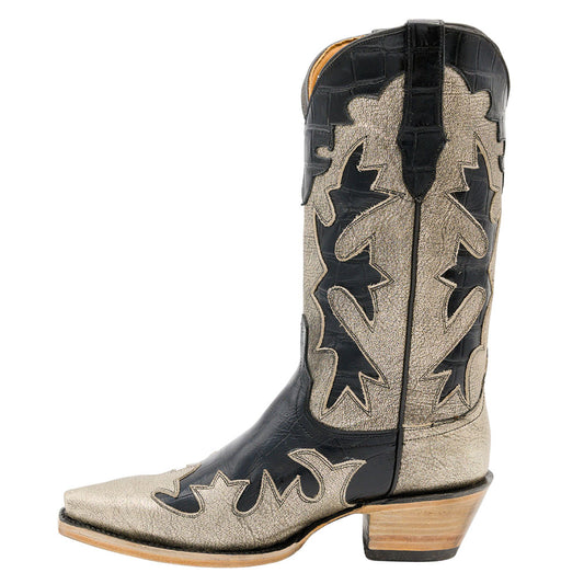 Gold & Black Block Heel Patchwork Snip Toe Western Boots for Women