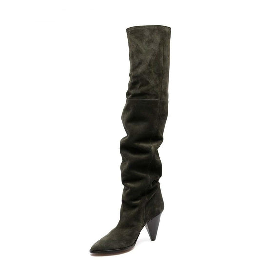 Dark Green Pointed Toe Cone Heel Over The Knee Slouch Boots