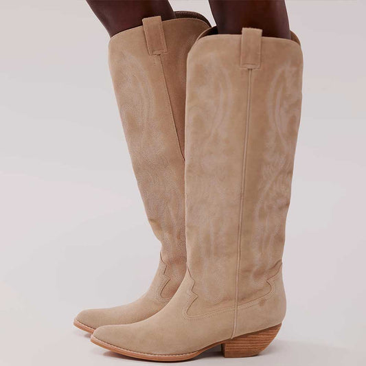 Beige Faux Suede Pointed Toe Block Heel Wide Calf Knee-High Boots