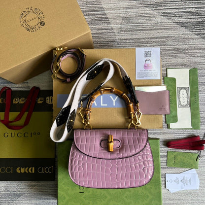 gg Bamboo 1947 Crocodile Top Handle Bag Pink For Women, Women&#8217;s Bags 10.2in/26cm gg