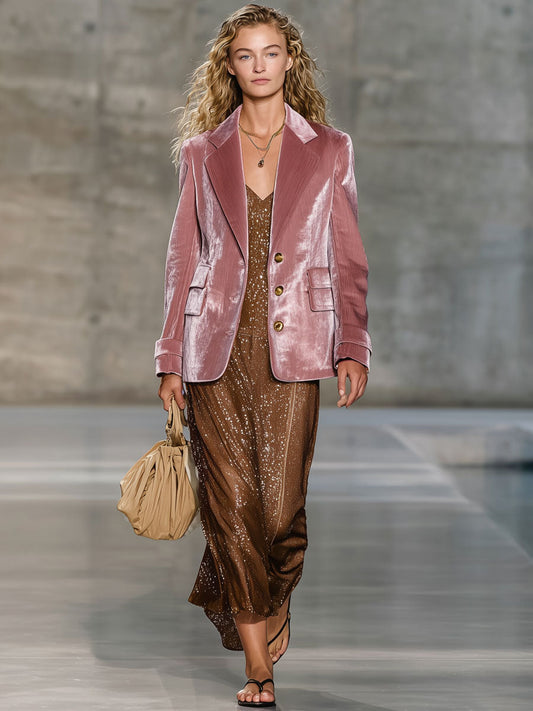 Fashion Retro Pink Velvet Ribbed Blazer