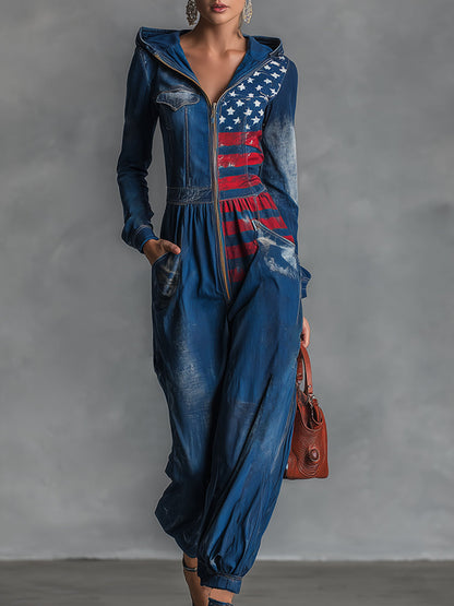 Fashionable Personalized Printed Hooded Front Zipper Blue Denim Long-sleeved Loose Jumpsuit
