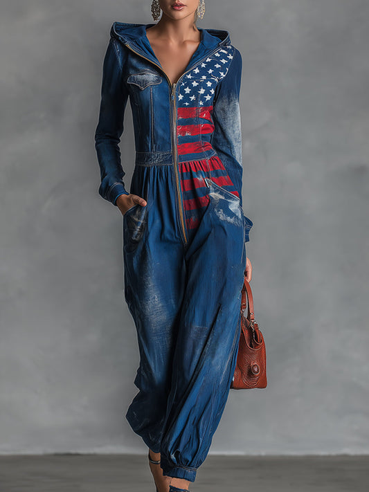 Fashionable Personalized Printed Hooded Front Zipper Blue Denim Long-sleeved Loose Jumpsuit