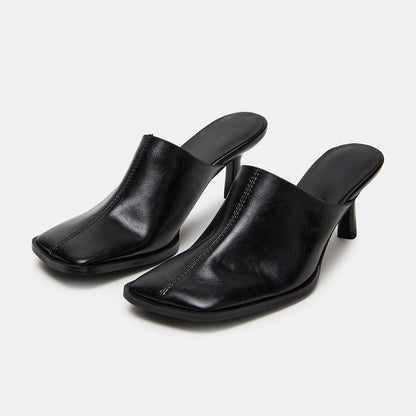 Elegant Black Square Toe Mid Flared Heel Women's Mules Shoes