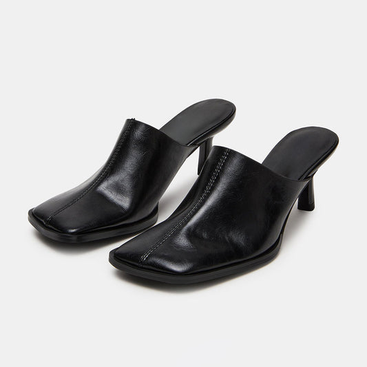 Elegant Black Square Toe Mid Flared Heel Women's Mules Shoes