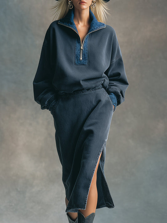 Fashionable Sports Contrast Gray Denim Loose Midi Dress