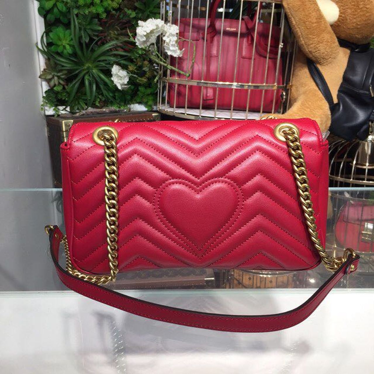 gg Marmont Small Matelassé Shoulder Bag Hibiscus Red Matelassé Chevron For Women 10in/26cm gg 443497 DRW3T 6433