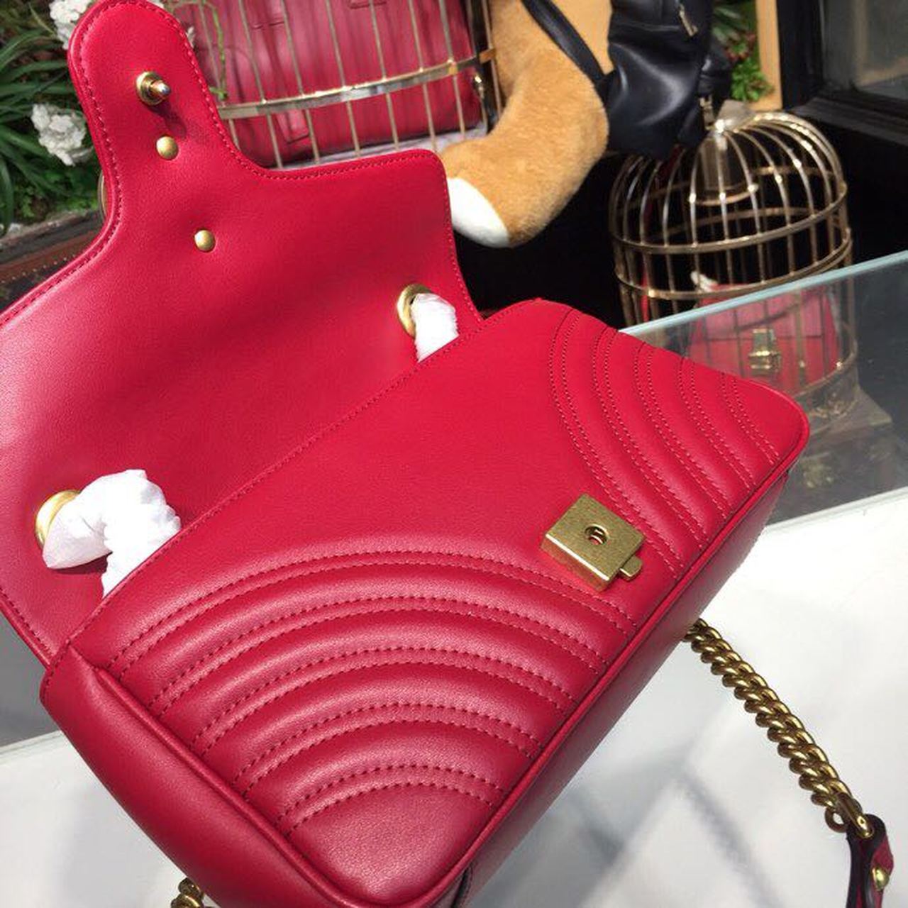 gg Marmont Small Matelassé Shoulder Bag Hibiscus Red Matelassé Chevron For Women 10in/26cm gg 443497 DRW3T 6433