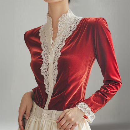Elegant Velvet Lace Patchwork Stand Collar Button Long Sleeve Blouse