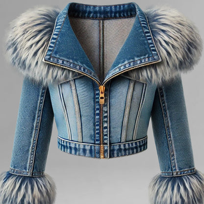 Fashion Plush Trimmed Lapel Long Sleeve Zipper Denim Cropped Jacket