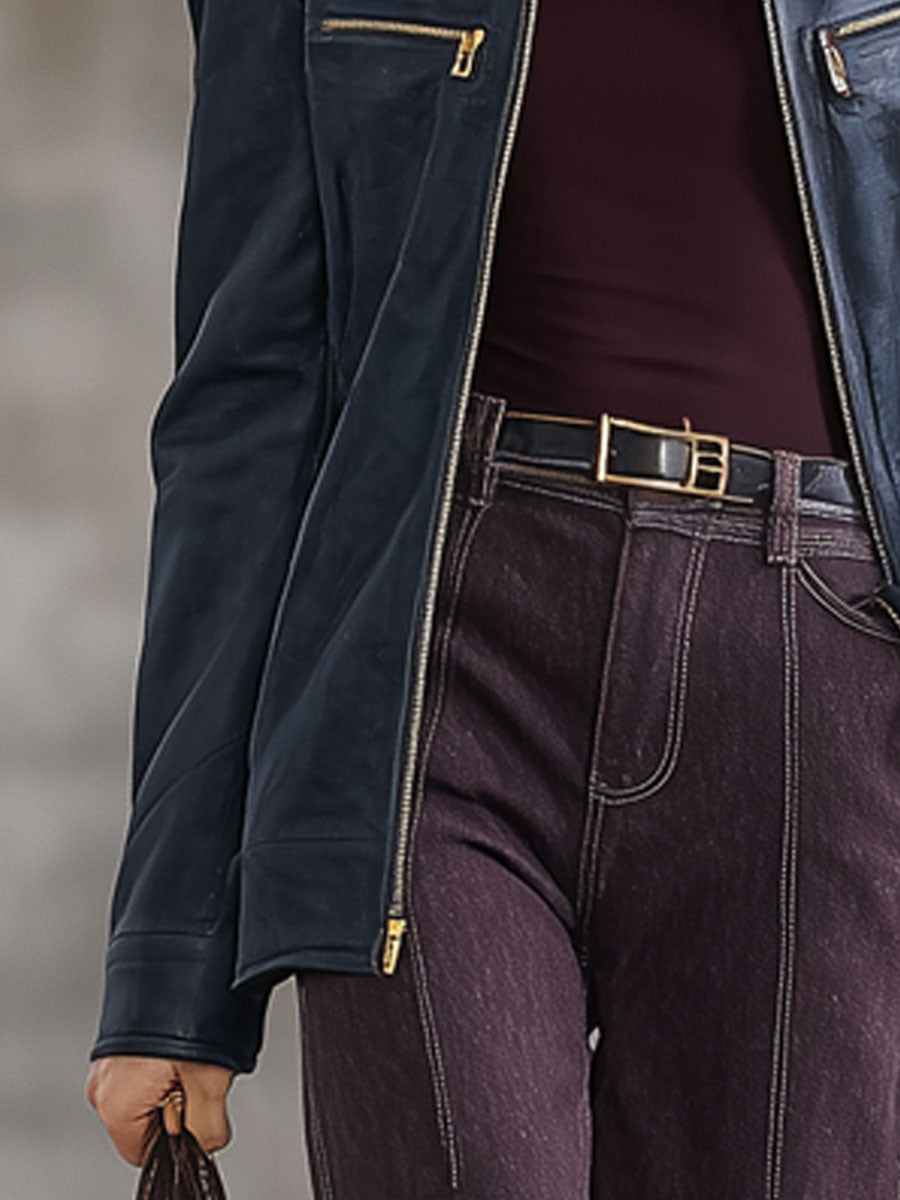 Fashion Vintage Navy Faux Leather Zip-Up Jacket