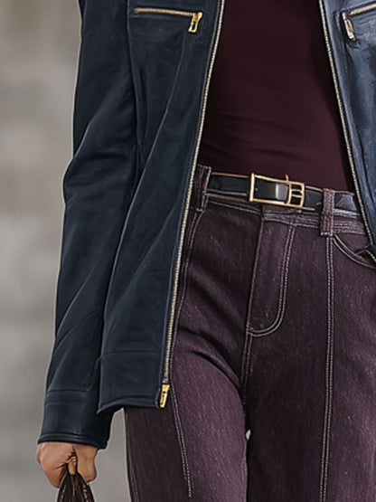 Fashion Vintage Navy Faux Leather Zip-Up Jacket