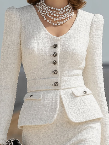 White Tweed Round Neck Button-Down Jacket And Skirt Set